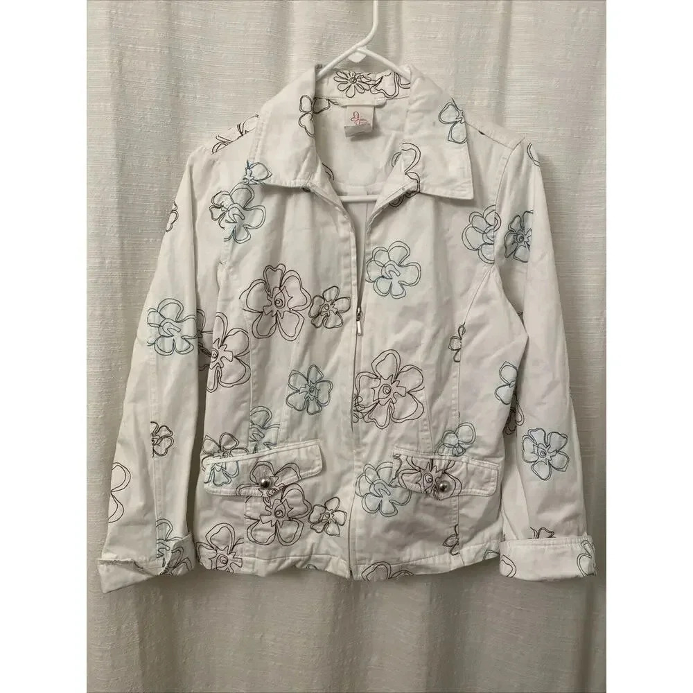 Weekenders Jacket White Floral Embroidered S/p Y2K Women’s Pockets Collared